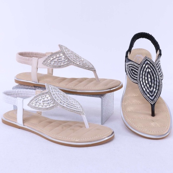 Italina Champagne Art Deco Rhinestone Embellished Flat Thong Slingback Sandal - Picture 4 of 10